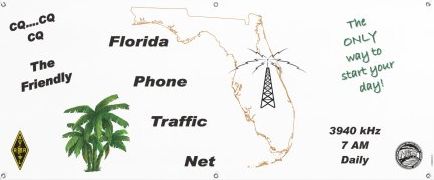 Our new official FPTN banner with a white background, outline of Florida, a tower superimposed over the state, and palm trees in the Gulf of America. The words CQ, CQ, CQ the Friendly Florida Phone Traffic Net and The Only way to start your day are also displayed.